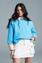 Load image into Gallery viewer, Relaxed sweater with french sleeve and crewneck in blue: Small / Blue
