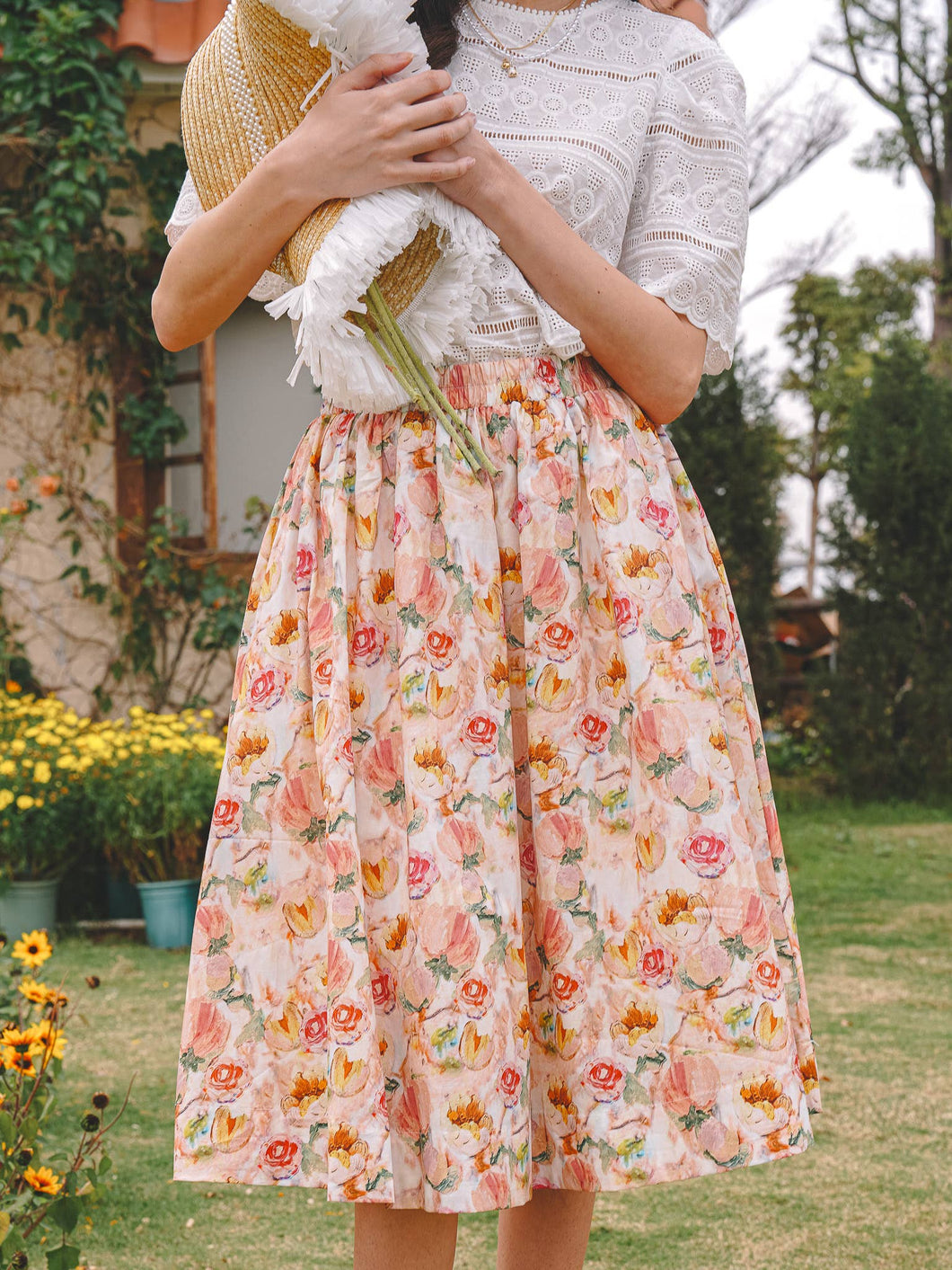 Pastel Pink Floral Midi Skirt