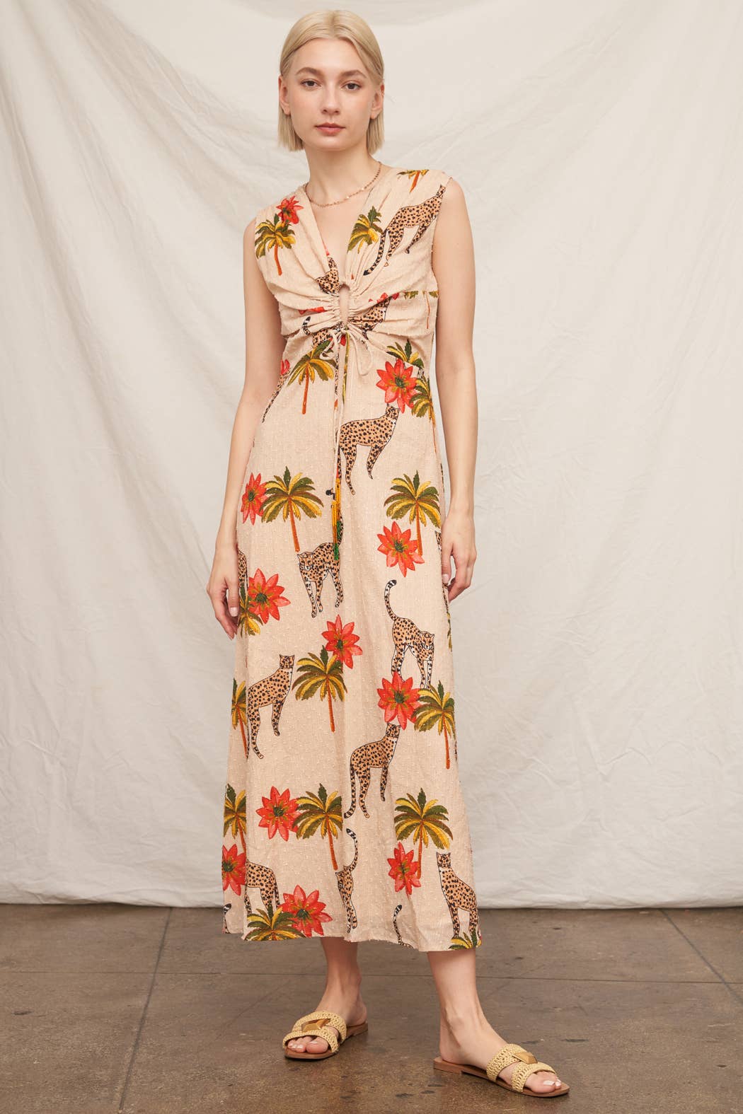 Sleeveless Cheetah Print Maxi Dress: Multi-Colored / M