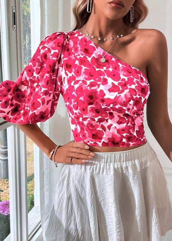 Pink Floral One Shoulder Top