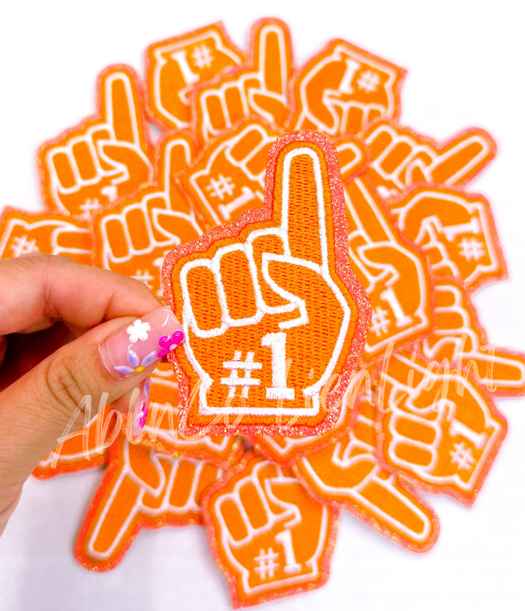 Orange #1 foam finger game day trucker hat patch iron on