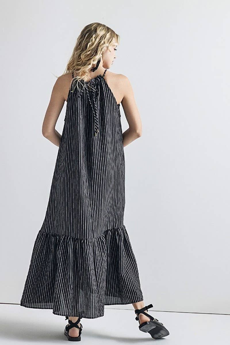 Plus Striped High Ruffle Neckline Tier Maxi Dress - IND1029: Black/White / XXL