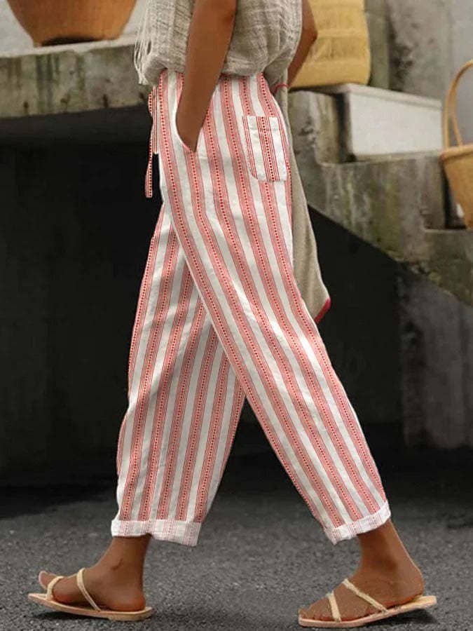 Versatile European and American Women's Casual Striped Trousers: Pink / L