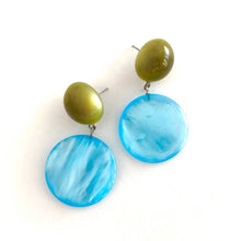 Load image into Gallery viewer, Ice Blue &amp; Olive Moonglow Statement Lucite Drop Earrings
