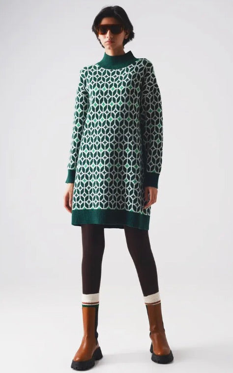 Geo Sweater Dress- GREEN