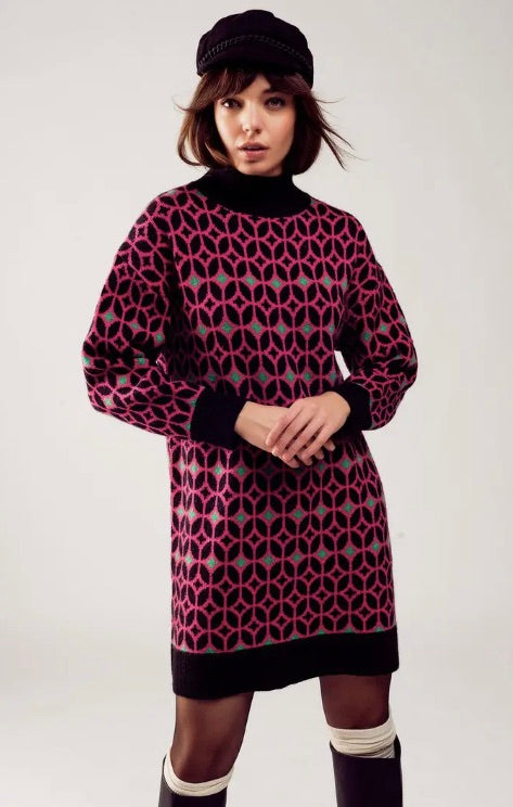 Geo Sweater Dress- FUCHSIA